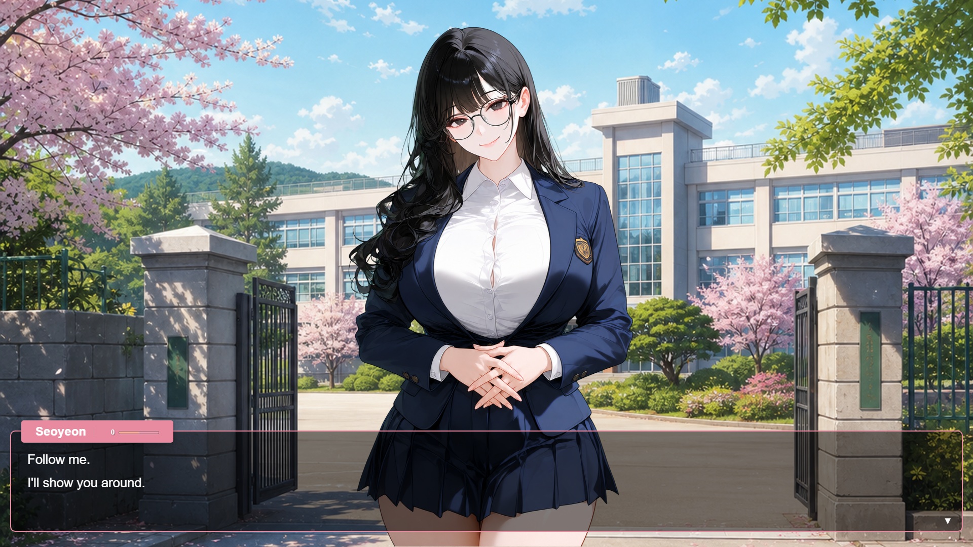Cupid browser visual novel opening dialogue at the school gate