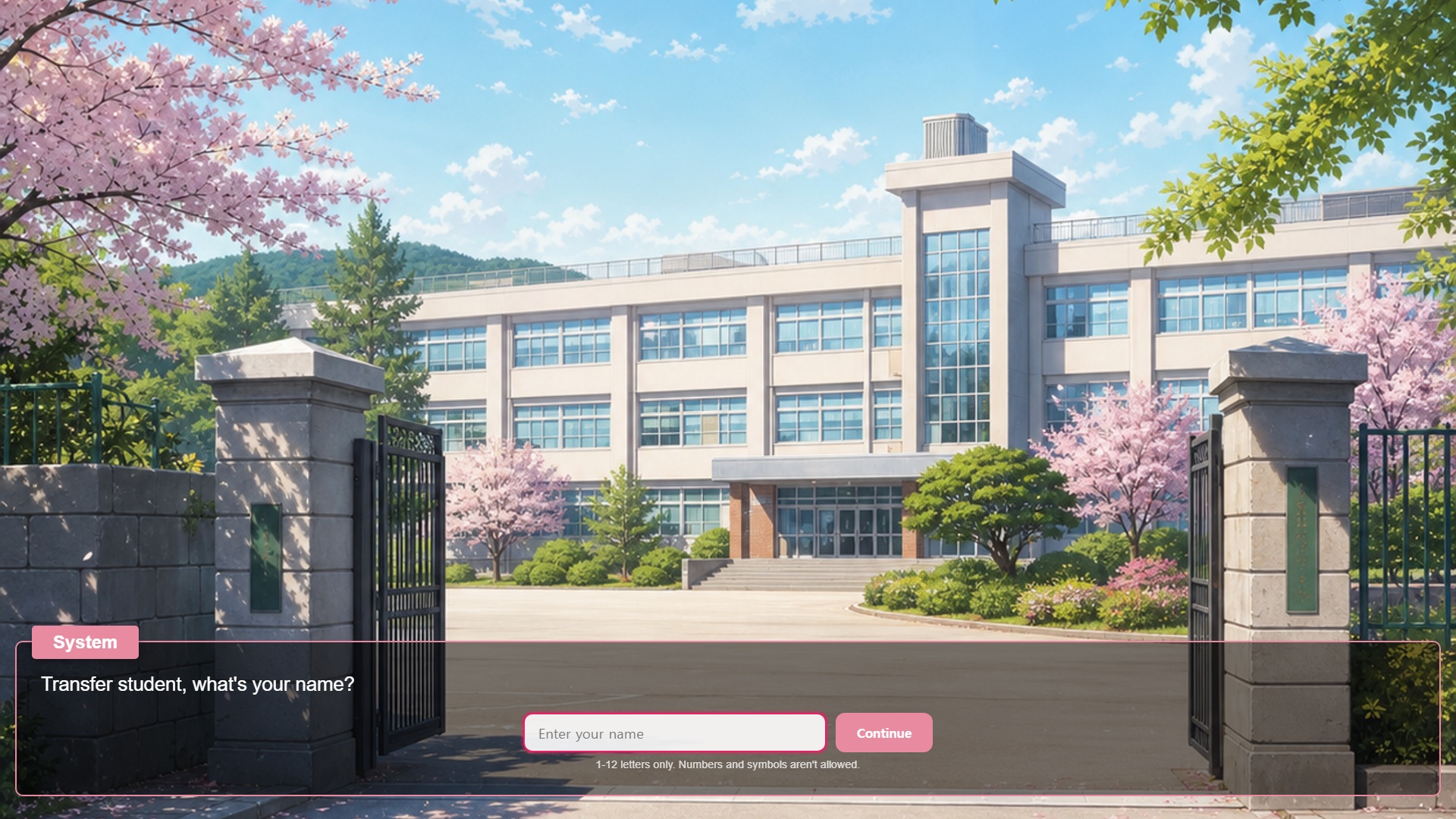 Cupid school romance scene with name input and visual novel UI