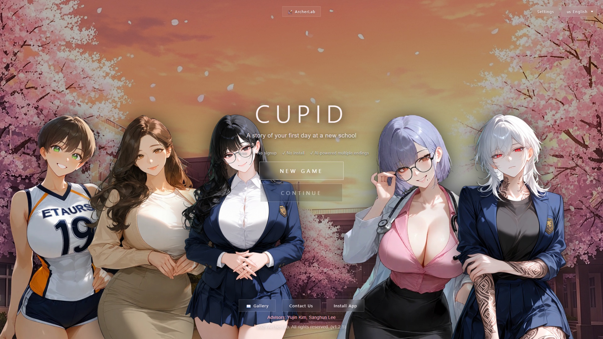 Cupid title screen with the romance visual novel cast